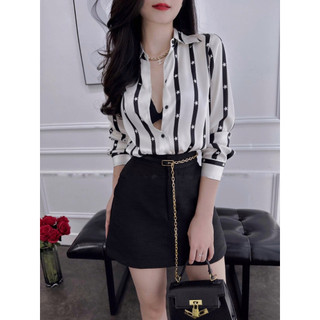 Áo sơ mi công sở nữ HINSTORE79 áo lụa họa tiết sọc sao đen trắng dáng suông cơ bản dài tay đuôi tôm 170
