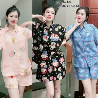 Set Bộ Áo Cộc Quần Đùi Cổ Sơ Mi Nữ Cao Cấp Vải Đũi Xốp Hoạt Hình Hot Hit Xinh Đẹp Sang Trọng Dễ Thương Giá Rẻ 40-95kg