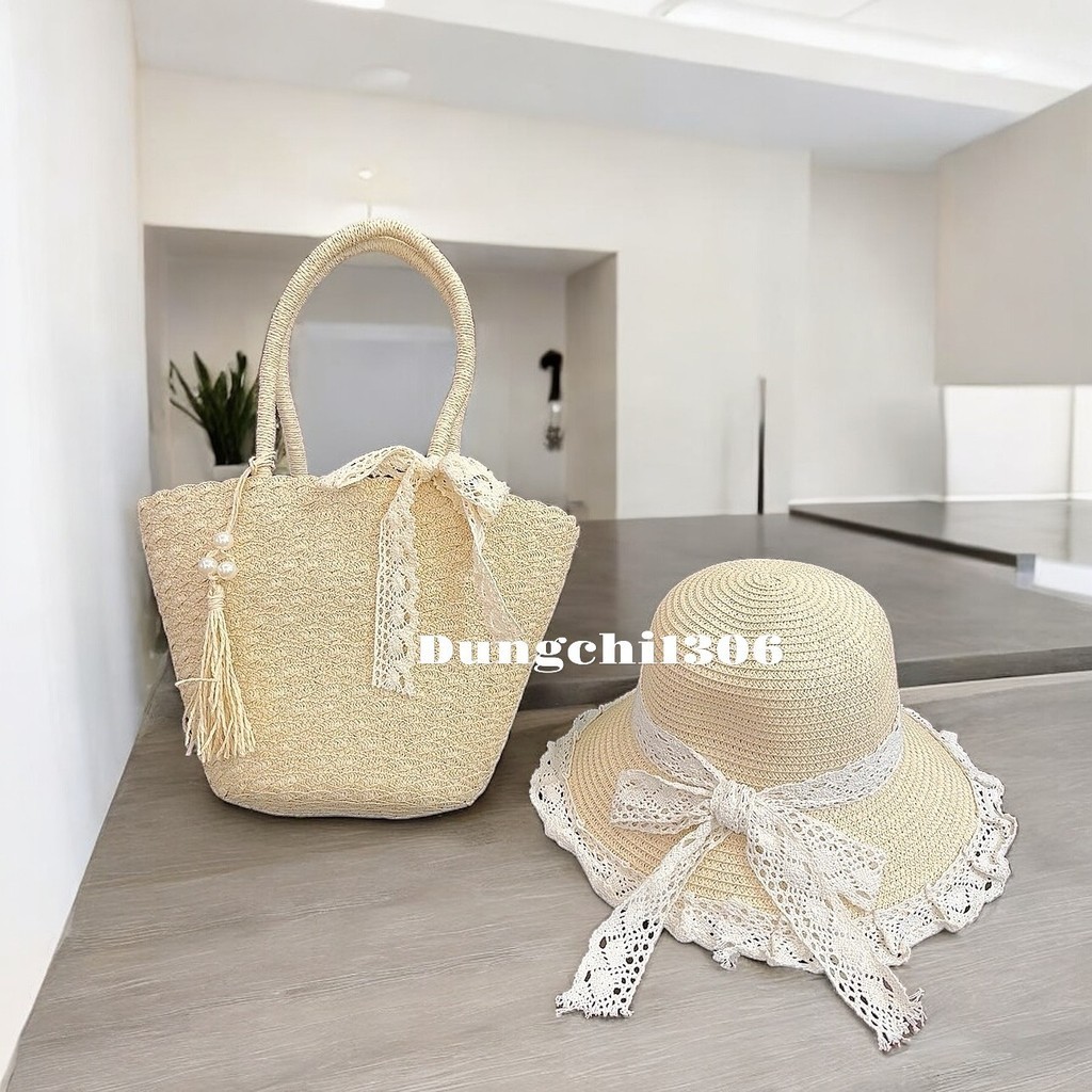 Set túi mũ cói tua rua mix ngọc nơ ren đi biển đi chơi đều xinh | BigBuy360 - bigbuy360.vn