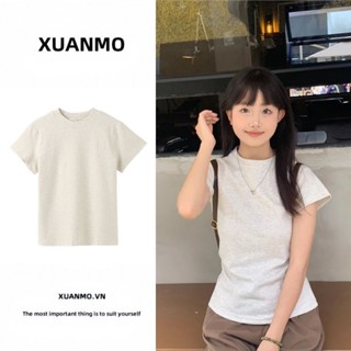 XUANMO Local brand Áo baby tee Áo Thun ôm body Áo y2k 100% cotton Áo T-shirt Tay Ngắn Ngang Vai áo thời trang Thiết kế thon gọn tôn dáng cổ tròn phong cách Hàn Quốc cho nữ