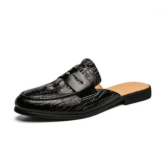 Nam Thường Ngày Họa Tiết Cá Sấu Da Loafer Mùa Hè Thoải Mái Mules Thời Trang Slip On Home Dép Đen