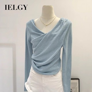 Áo thun dệt kim dài tay xếp ly cổ chữ V IELGY dành cho nữ mùa thu 2025 mới dáng ôm vừa vặn