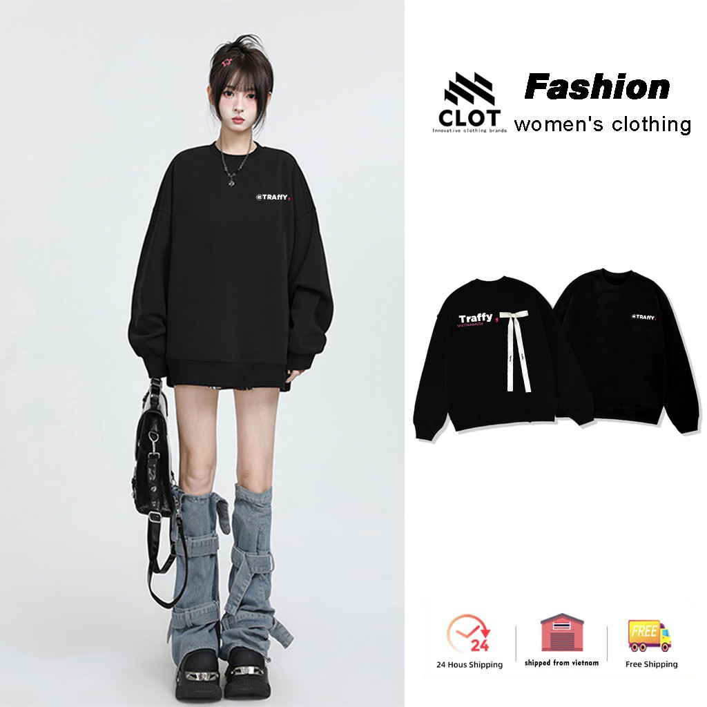 Áo sweater nữ Đen in hình nơ hàn quốc xinh áo dài tay outerity CLOT local brand