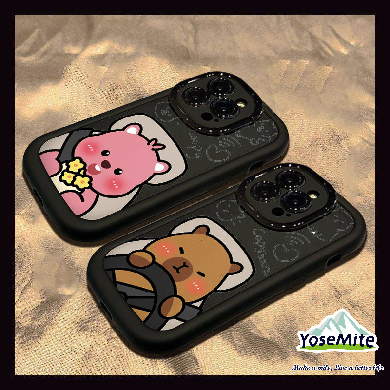 ốp lưng iPhone 16 15 11 Capybara Dễ thương Ốp lưng iPhone 16 15 Pro Max 11 14 XR 13 12 Pro Max 8 7 6 6s Plus X Xs Max Se 2020 13 12 11 màu đen Vỏ điện thoại phồng kem sang trọng