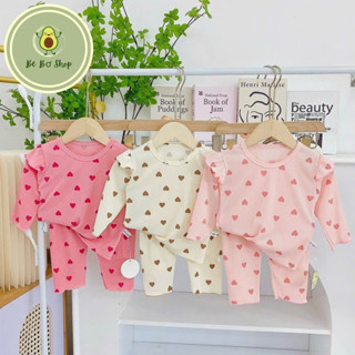 Đồ bộ quần áo dài tay cánh tiên, thun tăm mỏng mát, in hình trái tim dễ thương cho bé gái