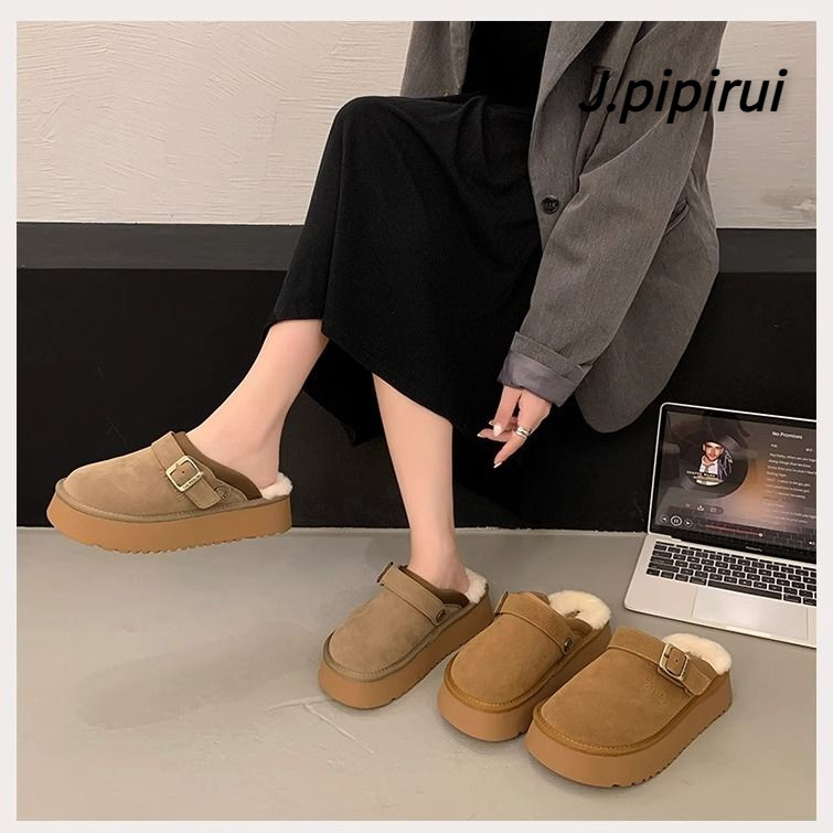 Đáy Dày Ugg Cotton Dép Nữ Mũi Đóng Nửa Dép Nữ Bên Ngoài Mặc Lông Cừu Lót Ấm Boken Dép Cotton