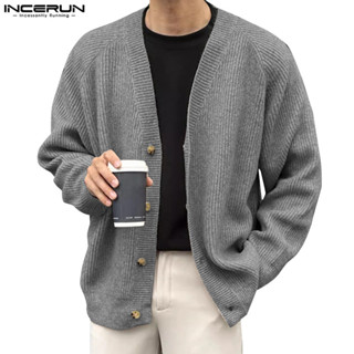 Incerun Nam Hàn Quốc Cổ Chữ V Dài Tay Sọc Màu Trơn