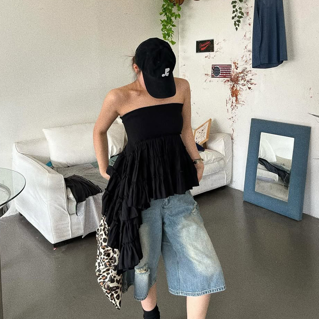 Áo Ống Nữ Cúp Ngực Bèo Tầng PINKSTORE29 Phối Tua Rua Vạt Xéo A51393