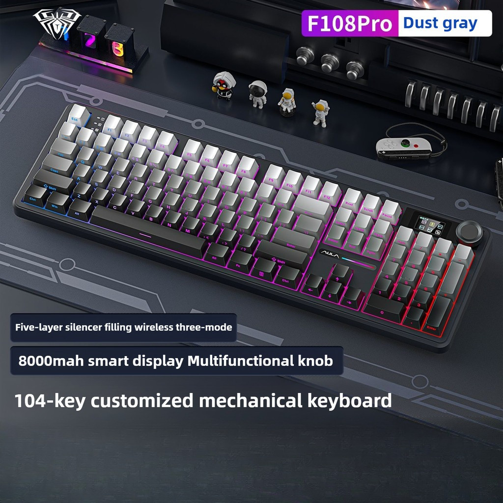 AULA F108 Pro Wireless 3-Mode Mechanical Keyboard with Display and Knob Customization Gasket 8000mAh