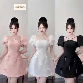 Đầm tafta ngắn dây cổ đính nơ đá đi tiệc đen trắng hồng SML M CABOXIN