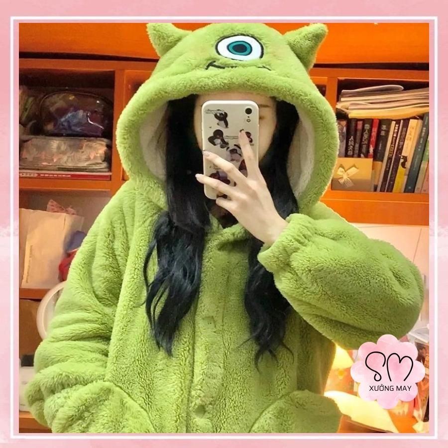 [QC][40-70kg]Áo choàng/Váy ngủ lông dài tay QUÁI VẬT XANH mềm mại ấm áp Nữ Đầm Ngủ Xưởng may Sm