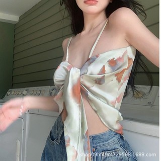 Hot Girl Camisole Tranh Sơn Dầu Nữ Đẹp Lưng Mùa Hè Pháp Gợi Cảm Ngắn Phong Cách Sang Trọng Khăn Lụa Top Mặc Ngoài