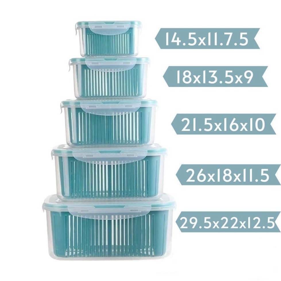  Bộ 5 hộp đựng đồ tủ lạnh 2 lớp có nắp đậy màu xanh cao cấp -  