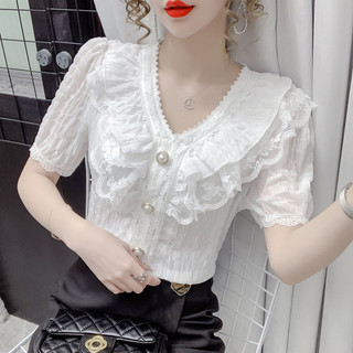 Áo Sơ Mi Voan Nữ Mùa Hè 2024 Phong Cách Mới Tính Khí Phong Cách Phương Tây Cổ Chữ v Áo Sơ Mi Xù Ren Top Nữ Tay Ngắn Áo Sơ Mi Nhỏ