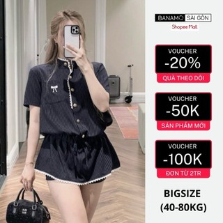 Set jumsuit nữ BIGSIZE Banamo Sài Gòn bộ áo cộc tay cổ tàu đính cúc đồng thêu nơ kèm quần sooc kẻ sọc 1901