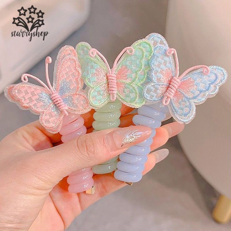 ☄️starryshop☄️Chun cột tóc dạng lò xo xoắn tạo kiểu màu cầu vồng hình bướm kute cho bé Dây buộc tóc 