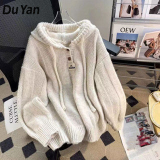 Du YAN Áo len hoodie dày có mũ trùm đầu phong cách Nhật Bản dành cho nữ dáng rộng mềm mại sáp dây rút áo len hàng đầu
