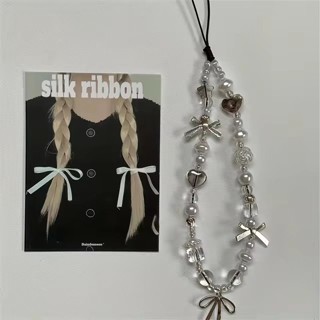 Hàn Quốc Nơ Trắng Dễ Thương Trái Tim Ngọc Trai Hạt Đính Hạt Dây Điện Thoại Cho iPhone Camera Treo Dây Chống Mất Dây Treo Trang Sức