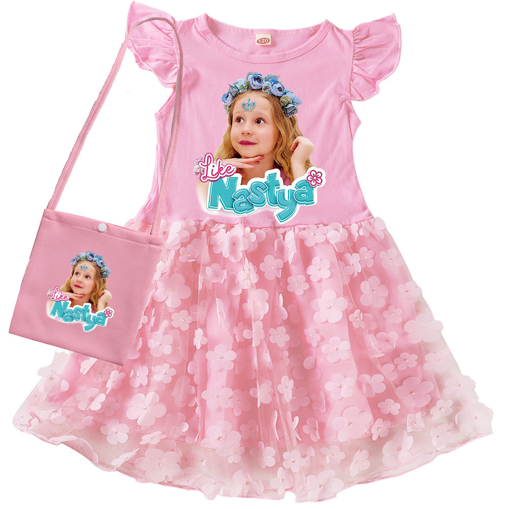 Hoạt Hình Nastya Trẻ Em Công Chúa Bé Gái Đầm + Túi Bay Tay Hoa Tulle + Cotton Ngày Lễ Váy Dự Tiệc
