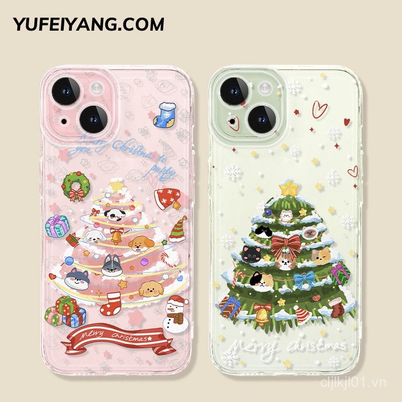 Ốp điện thoại di động cây thông Noel cho chó Apple 16 15 iPhone14 trong suốt 13/12/11 bao toàn bộ x/xr siêu mỏng 8p mềm