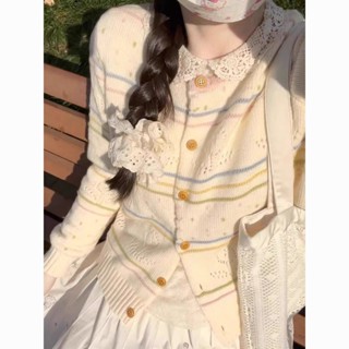 Cầu Vồng Sọc Rỗng Dệt Kim Áo Len Cardigan Nữ Mùa Xuân 2024 Phong Cách Mới Văn Học Retro Lười Phong Cách Áo Khoác Hàng Đầu V250220154