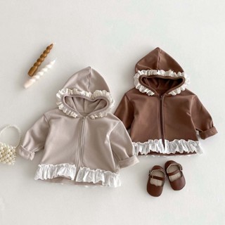 Ins Thu Đông Bé Gái Top Sơ Sinh Retro Tối Giản Ren Trang Trí Dây Kéo Cotton Dài Tay Có Mũ Trùm Đầu Quần Áo Bé 1-3 Tuổi