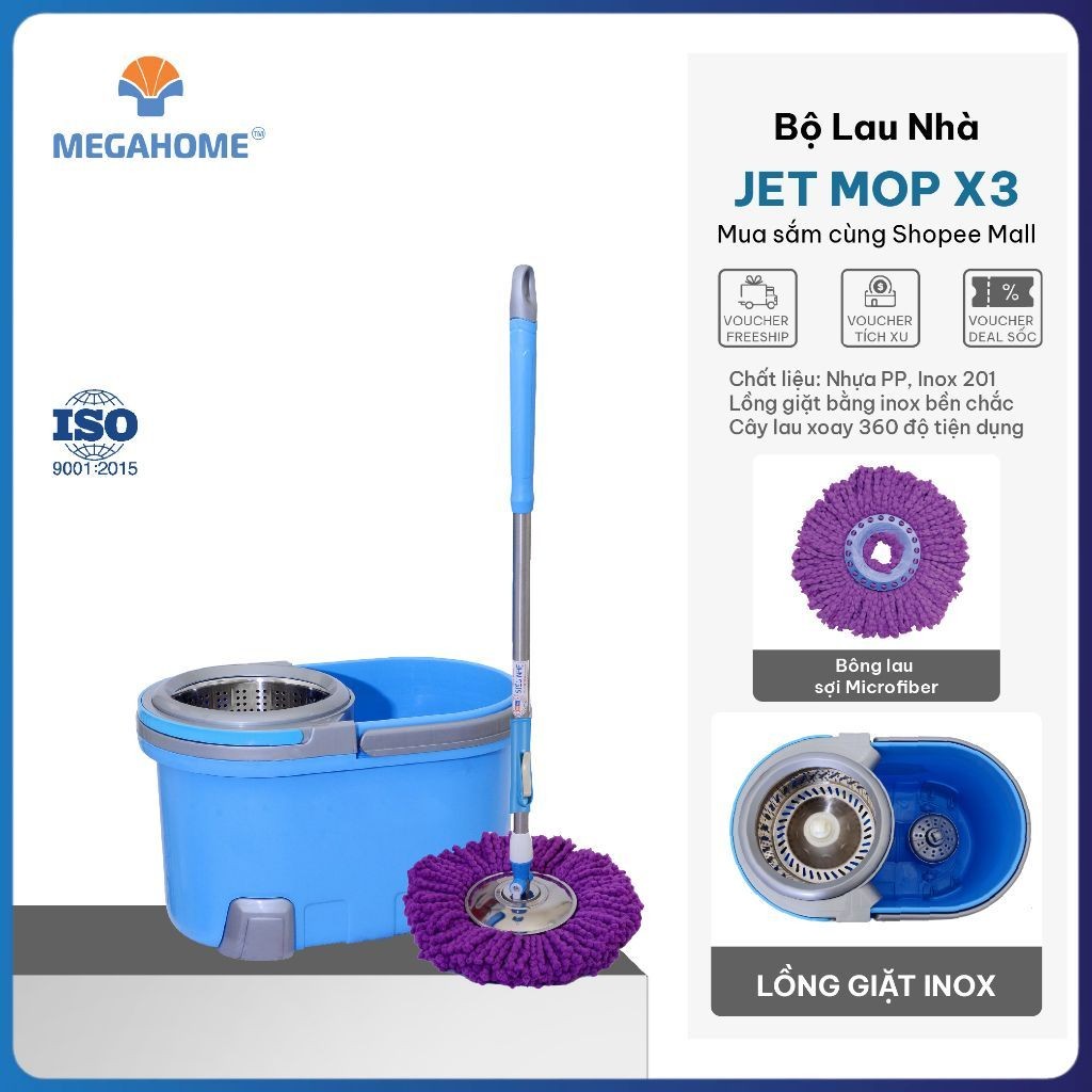 Bộ Lau Nhà Xoay 360 Độ Jet Mop X3 Megahome, Cây Lau Inox Siêu Nhẹ, Bông Lau Thấm Hút Tốt