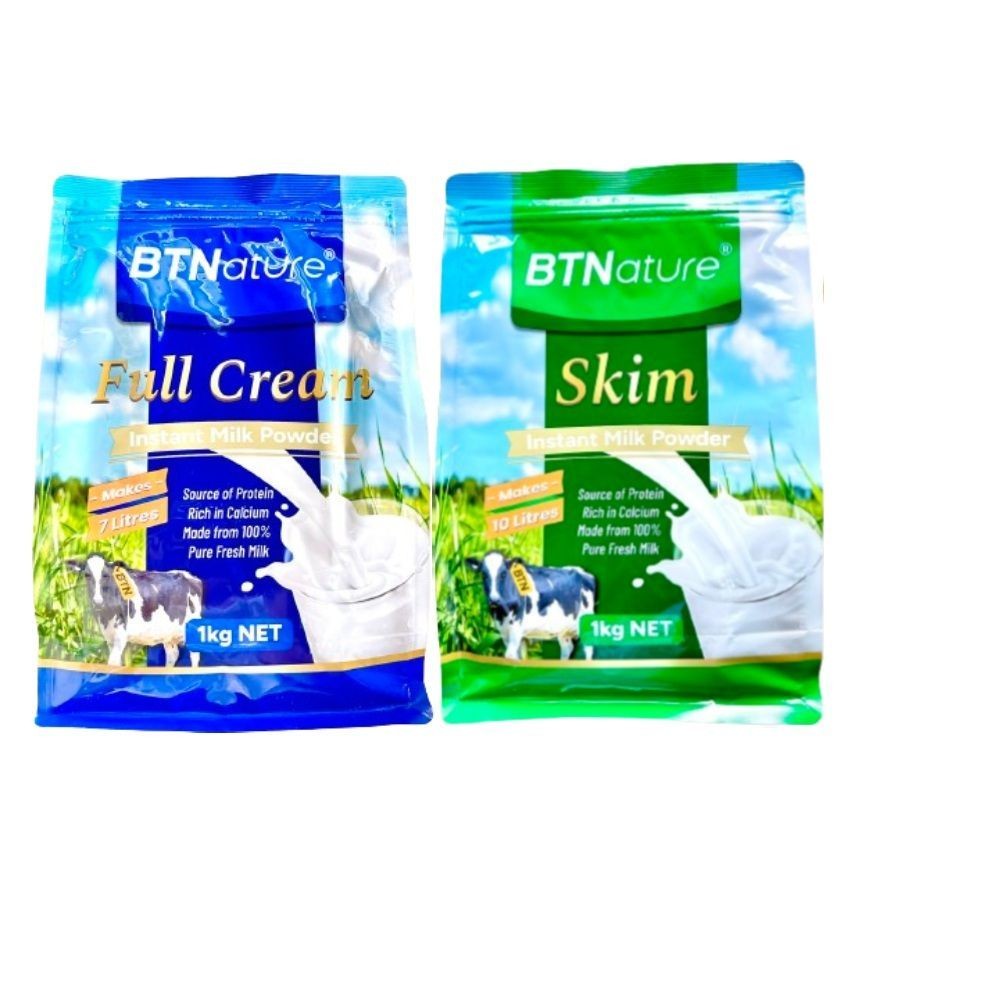 Sữa bột BTNature nguyên kem và tách béo, định lượng 1kg, đóng hộp hoặc túi.