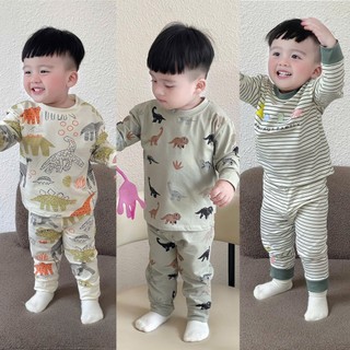  Set 3 bộ quần áo dài tay hình khủng long xanh chất cotton cho bé trai 8-28kg 