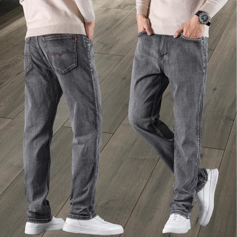 Quần jean mỏng mùa hè cho nam, ống thẳng, kích thước lớn, vừa vặn, cạp cao, co giãn, quần ống rộng t