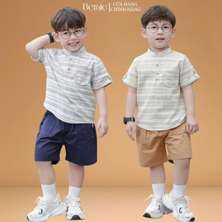  Set bộ sơ mi cổ trụ kẻ ngang phối túi viền kèm quần short kaki bé trai 9 đến 28kg BERNIE H1124B65 