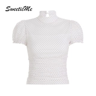 SweeticMe Áo Thun Tay Ngắn Năm 2025, Phong Cách Lưới Chấm Bi Cổ Rùa
