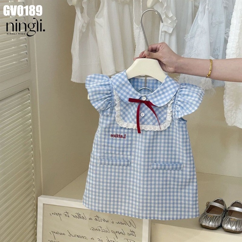 Váy Sọc Caro Chữ A Đính Nơ Xanh Cho Bé Gái 1 2 3 4 5 Tuổi MINTSCLOSET Quảng Châu - GV0340