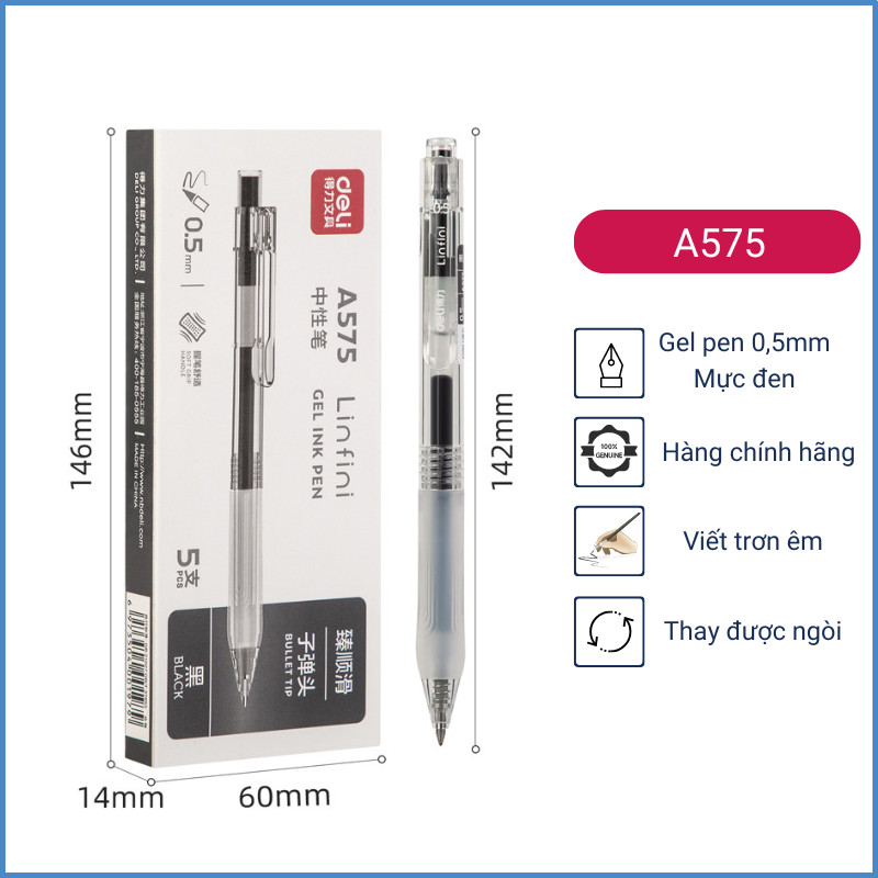 Bút Gel Deli A575 G575 Ngòi 0.5mm  Viết Mượt, Có Đệm Tay, Thân Trong Cao Cấp