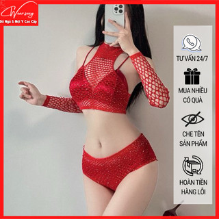  CWEAR.SEXY Bộ đồ lót lưới quyến rũ đính đá lấp lánh kèm găng tay T1051  CWEAR.SEXY_ĐỒ NGỦ & NỘI Y CAO CẤP  