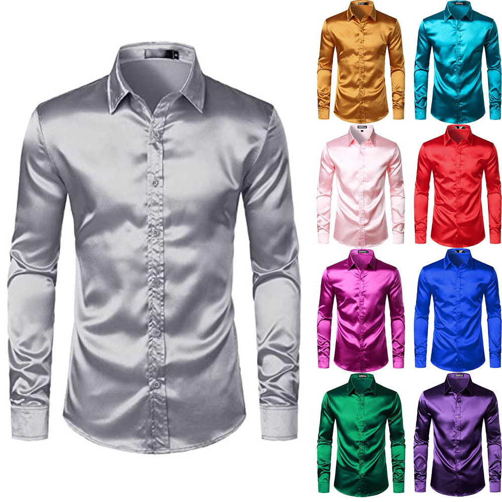 Áo sơ mi nam Satin bóng dài tay màu trơn chất lượng cao Slim Fit cho tiệc cưới