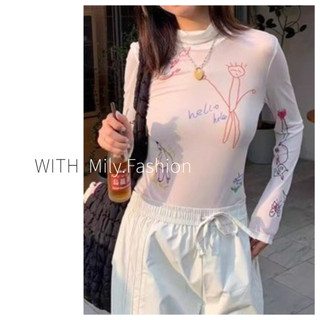 Milyfashion Áo Thun Tay Dài Dáng Ôm Vải Gạc Mỏng Xuyên Thấu In Họa Tiết graffiti Chính Hãng Dành Cho Bạn Nữ