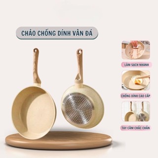 Chảo Chống Dính Bếp Từ Vân Đá Kiểu Nhật 20 - 30cm Đáy Từ Ceramic Cán Gỗ