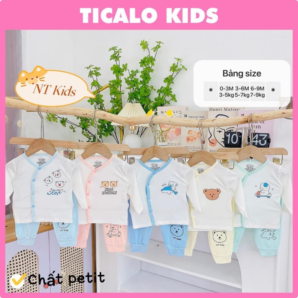 [NT KIDS] Bộ Quần Áo Sơ Sinh Dài Tay Cho Bé - ÁO TRẮNG + QUẦN MÀU - Chất Petit, Mềm Mịn