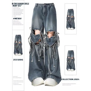 Quần bò cảm giác thiết kế tình yêu Rách Cổ Điển quần ống rộng cạp cao xuân hè Instagram cho nữ 7T2Q ống đứng có dây phong cách Mỹ