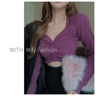 Áo Thun Tay Dài Cổ Chữ v Dáng Ôm Xếp Ly Thời Trang Mùa Thu Quyến Rũ Cho Nữ