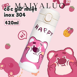 Ly giữ nhiệt Gấu Dâu Lotso Chất Liệu Inox 304 Cao Cấp, Bình Giữ Nhiệt Lotso Có Nắp Bật Dễ Dàng Vệ Sinh Bên Trong