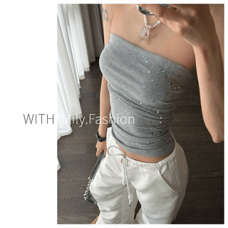 Milyfashion  Gray Strapless Women's Summer Temperament Small Size Sexy Hot Girl Slim Fit Slimming and Tight All-Matching Short off-the-Shoulder Top