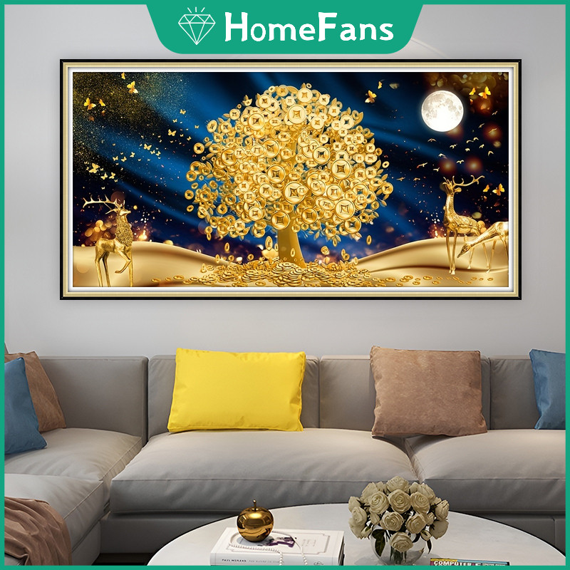 [Hf] Deer Golden Tree 5D DIY Bộ tranh kim cương Tranh thêu chữ thập vũ trụ Tranh thêu kim cương giả 
