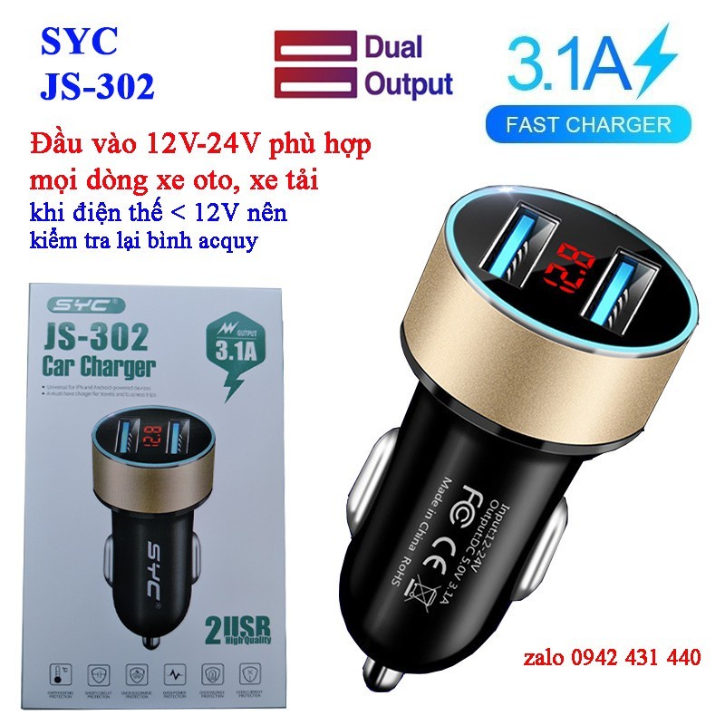 Tẩu Sạc Đa Năng 2 Cổng SYC JS-302 LED LCD