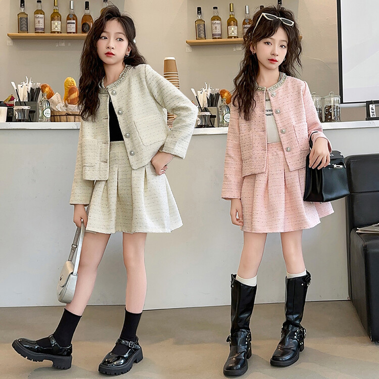 Quần áo bé gái Áo khoác dài tay Tweed mùa thu + Váy xếp ly Bộ đồ hai mảnh 4-15 tuổi