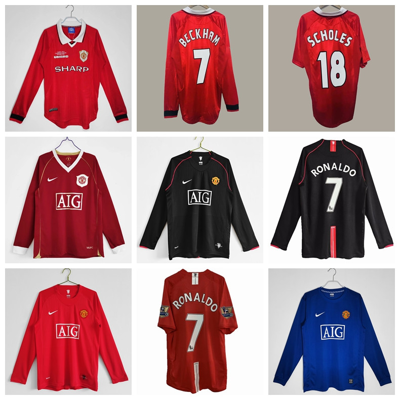 99-00 06-07 07-08 08-09 Mùa giải Manchester United Retro Tay Dài Sân Khách Jersey Bóng Đá Beckham Cr