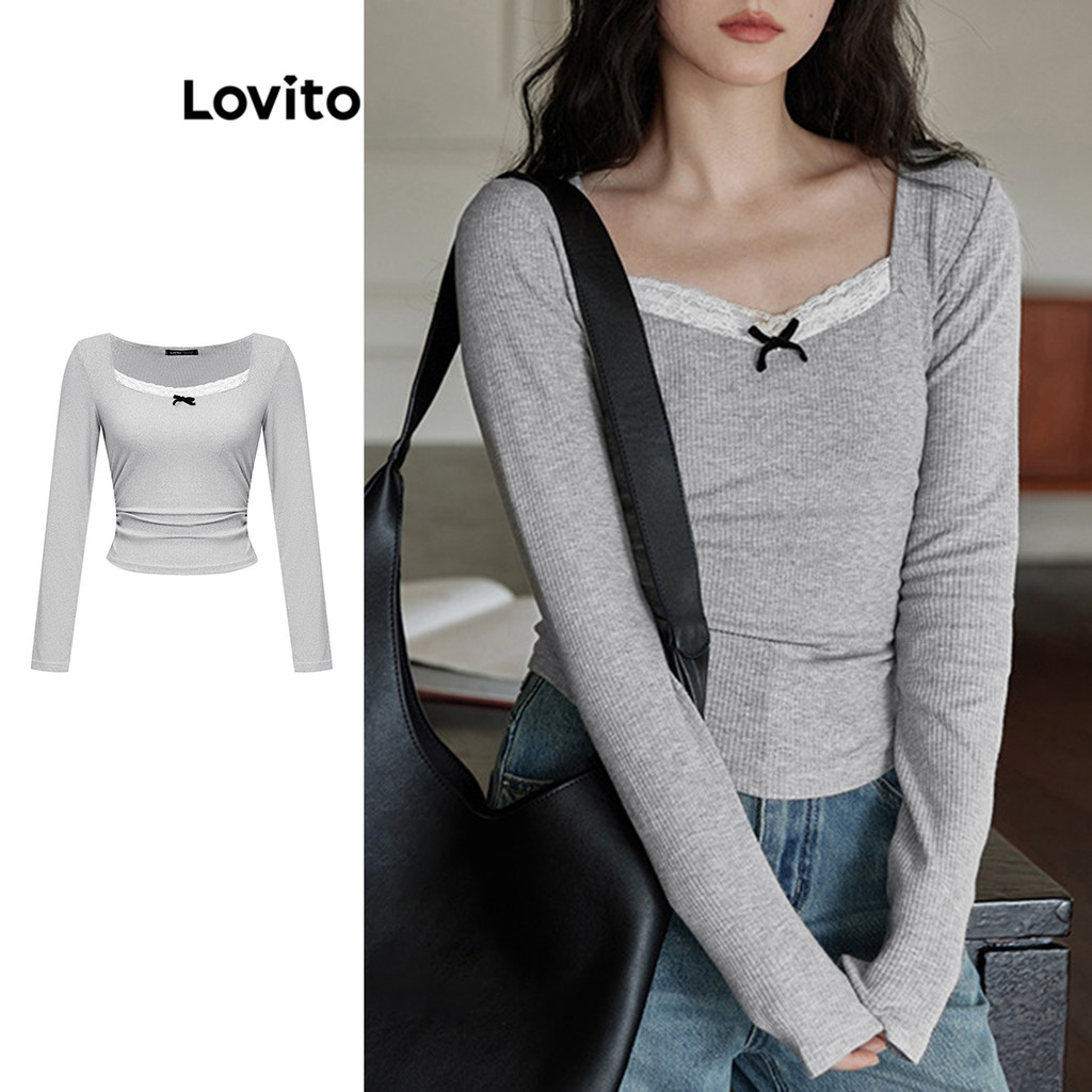 Lovito Áo thun cổ bèo ren nơ trơn đơn giản dành cho nữ L106AD255