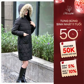 Áo Khoác Phao Nữ Dáng Dài Mũ Lông HeraDG Trần Bông 3 Lớp, Chất Liệu Xanh Recycle Cản Gió Chống Nước WJKBC2048