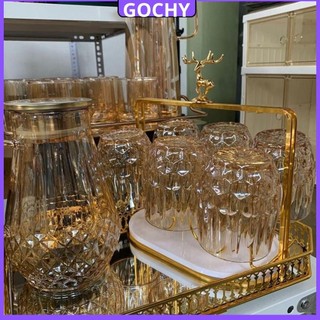 Bộ Bình Cốc Thuỷ Chịu Nhiệt Cao Cấp hoa tiết kim cương + 6 Cốc Vip Vàng Kèm Gía Úp Cốc Và Khay Đựng Sang Trọng